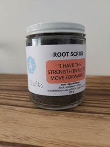 "root scrub" root chakra foot scrub, displayed with the affirmation I have the strength in me to move forward"